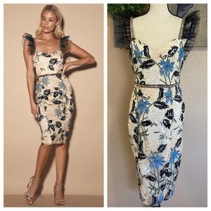 Lulu's Beige Sheer Floral Embroidered Mini Dress with Blue & Black Accents